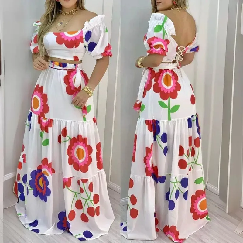 2024 Spring Summer New Women's Clothing Off-Shoulder Flower Print Top Skirt 2-Piece Set Non-Positioning Printing-with Belt