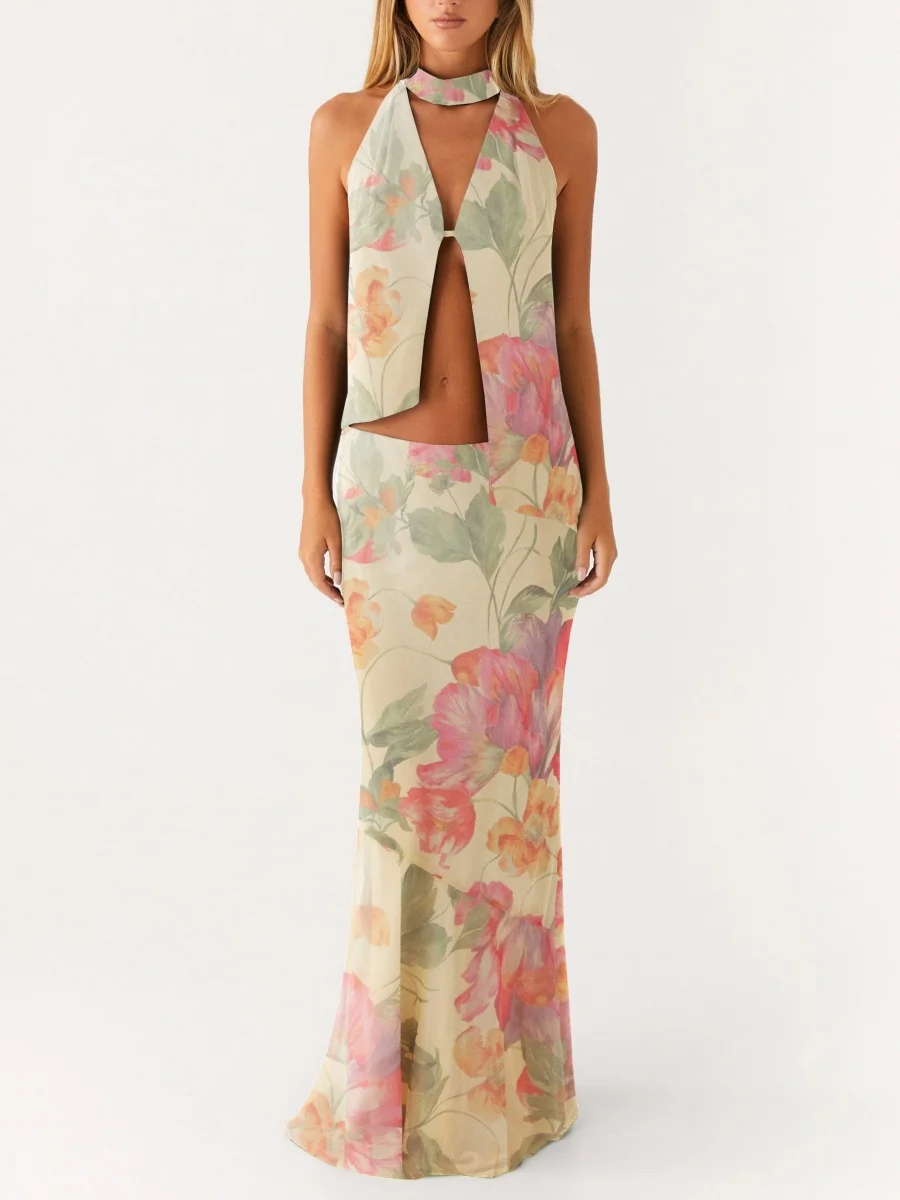 

New Fashion 2 Piece Maxi Skirt Sets for Women Backless Sleeveless Halter Tank Top Flowy Long Skirt Outfits Going Out Beachwear