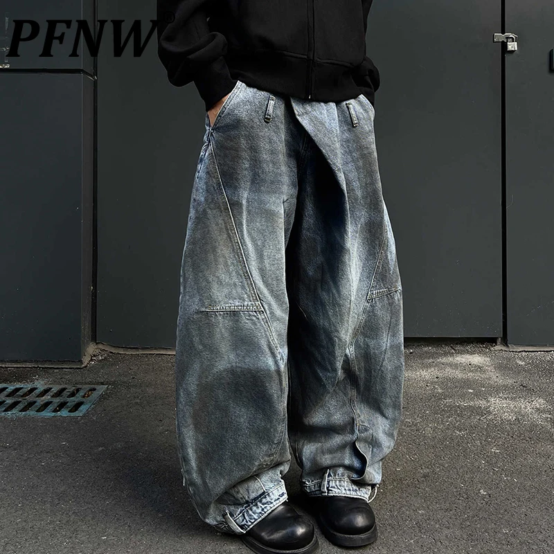 PFNW Vintage Distressed Rubbed Color Baggy Jeans Men's High Street Tide Design Reverse Waist Head Wide Leg Machete Pants 12C1968