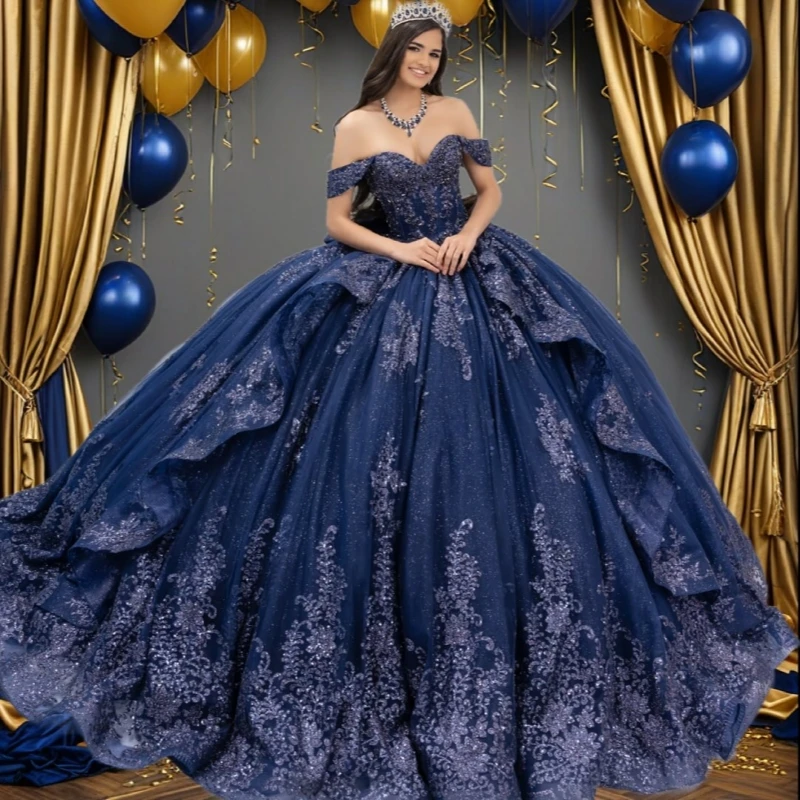 

Navy Blue Shiny Quinceanera Dresses Ball Gown Off The Shoulder Sequin Applique Lace Beading Bow Tull Party Birthday Sweet 16
