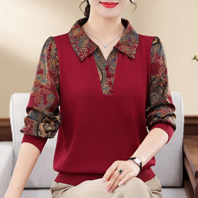 Large Size Middle-aged and Elderly Mother Shirt Autumn and Winter New Retro Printed T-shirt Loose and Slimming Collared Top