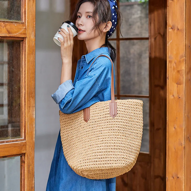 Sac à bandoulière rétro japonais coréen tissé à la main, sac seau de grande capacité à fermeture éclair tissé à l'herbe, sac de loisir littérature Art