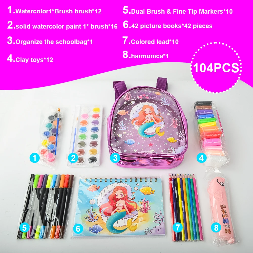 مجموعة فنية فاخرة مكونة من 104 قطع، بما في ذلك الألعاب، ومستلزمات الرسم وحقيبة مدرسية، مناسبة كهدية عيد الميلاد أو هدية للأطفال. #3
