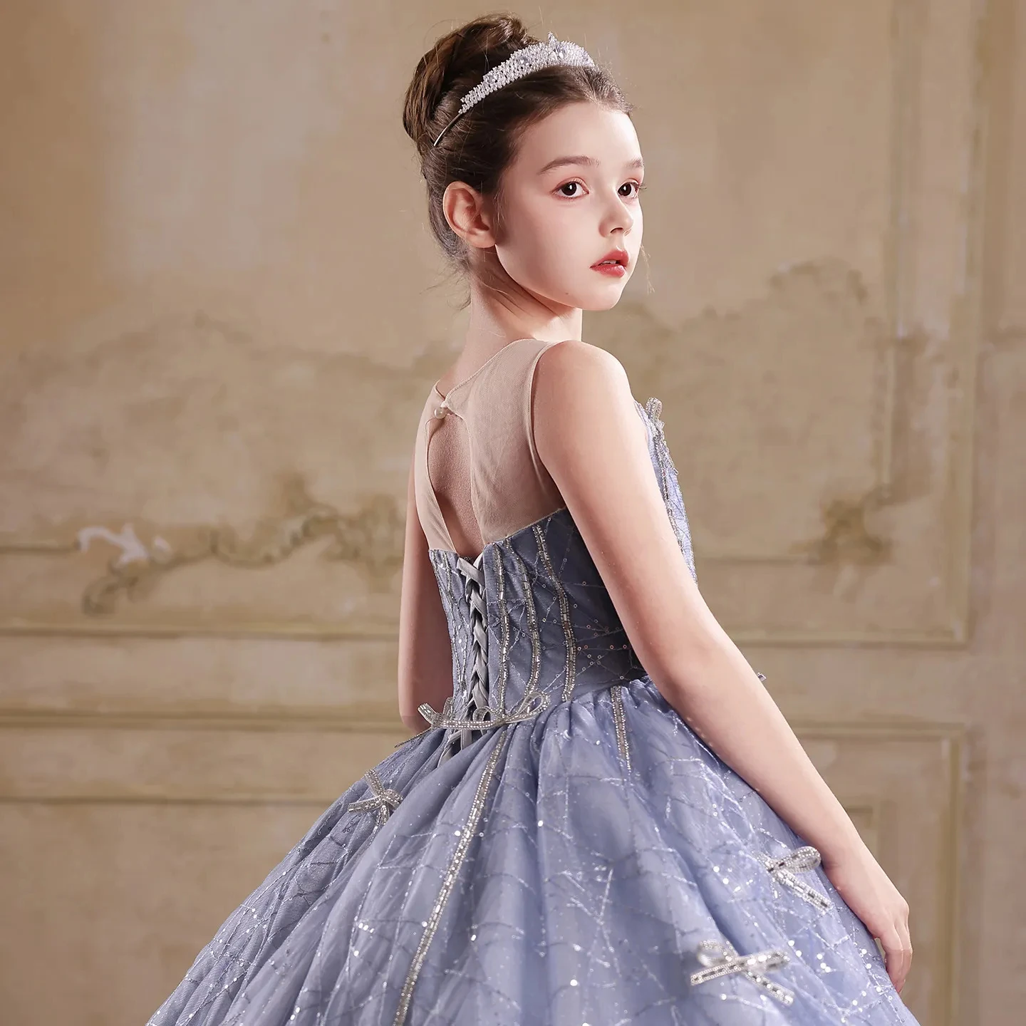 Customized Purple Flower Girl Dress for Wedding Glitter Sleeveless Floor Length Elegant Kids Birthday First Communion Gown