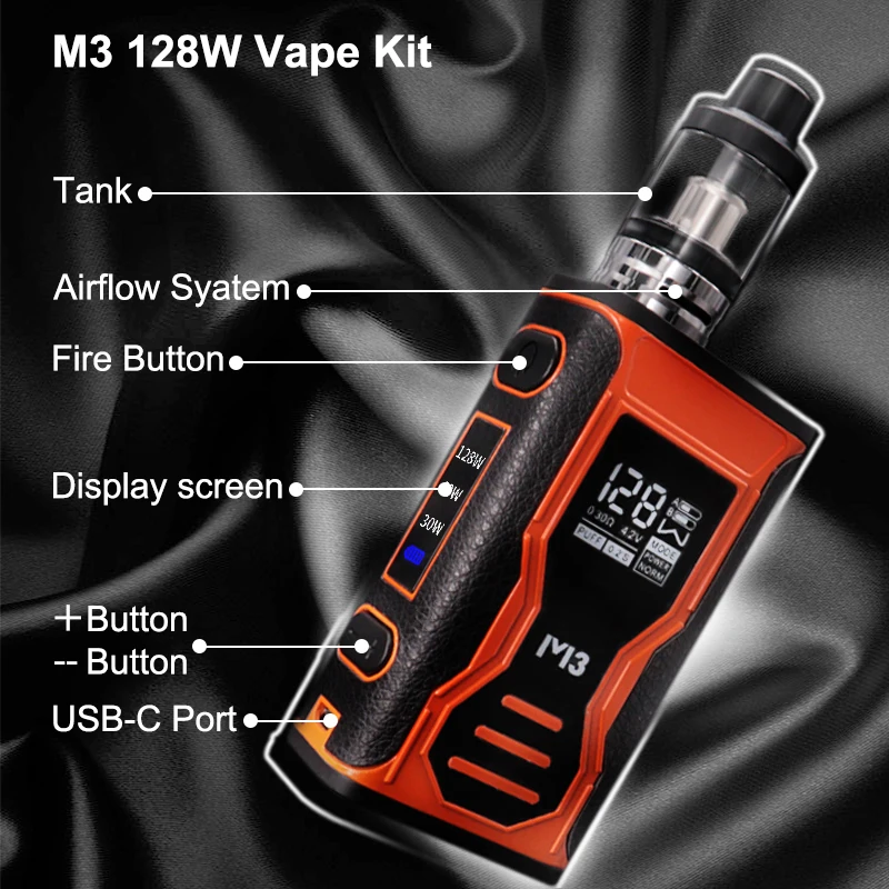 Oryginalny M3 128W zestaw Vape do elektronicznego papierosa 1800mah wbudowany opakowanie na baterie Mod z 3ml Tank Vaper parownik W kształcie