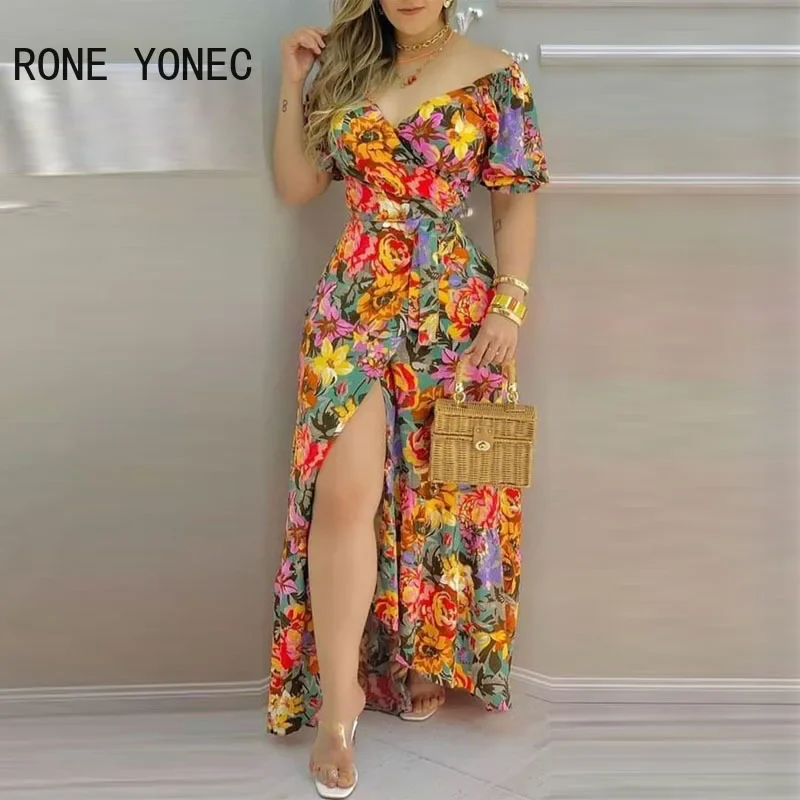 Women Chic Off Shoulder Sashes Short Lantern Sleeves All Over Print Floral Maxi A-line Casual Dress