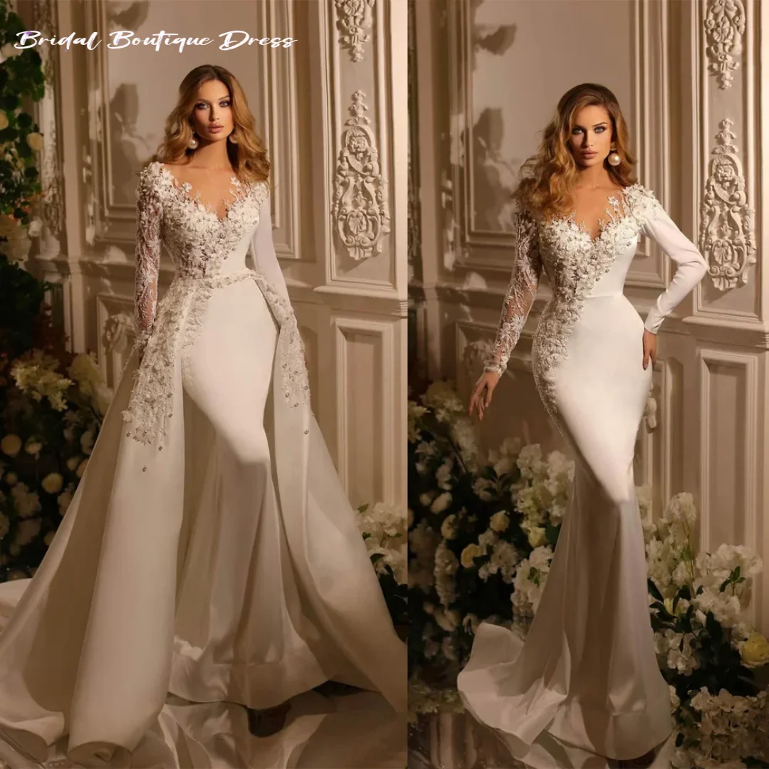 Personalizado luxuoso decote em v sexy sereia vestidos de casamento manga longa pérolas bordado destacável overskirts vestido de novia