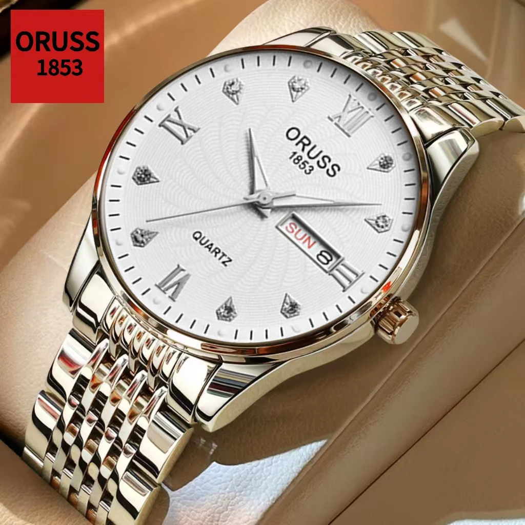 

ORUSS Men's Watch Waterproof Casual Fashion Men's Quartz Watch Stainless Steel Date Week Calendar Men's Clock Couple Gift