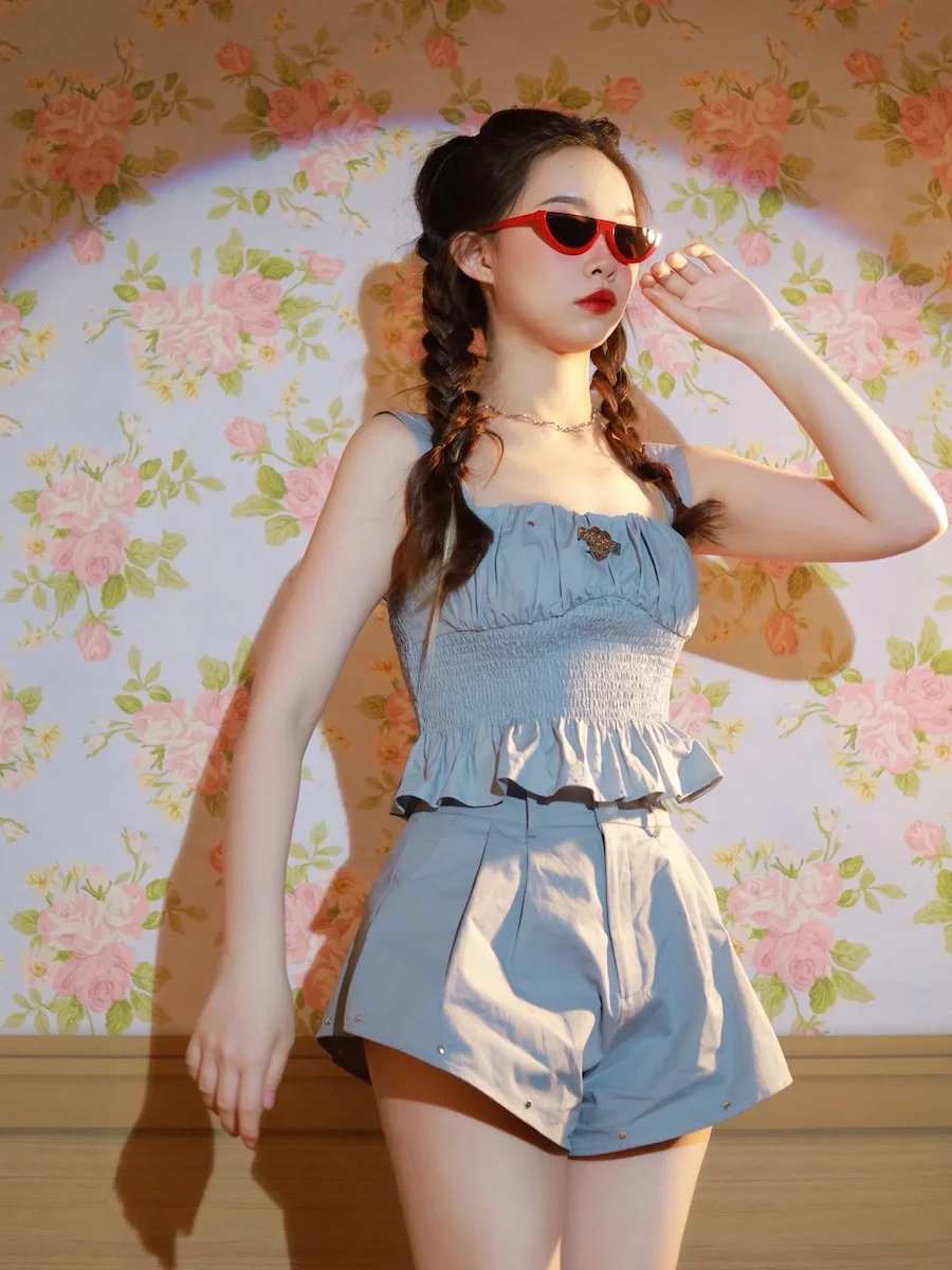 

Cute Light Blue Denim ter orts Set Girl's Slim Fit Elastic Summer Faion Ensemble Cotton Material for Young Women