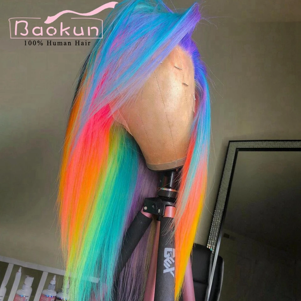 Rainbow Colorful Highlight Human Hair Wigs Free Part 13x6 HD Lace Frontal Wig Green Pink 13x4 Straight Lace Front Wigs For Women