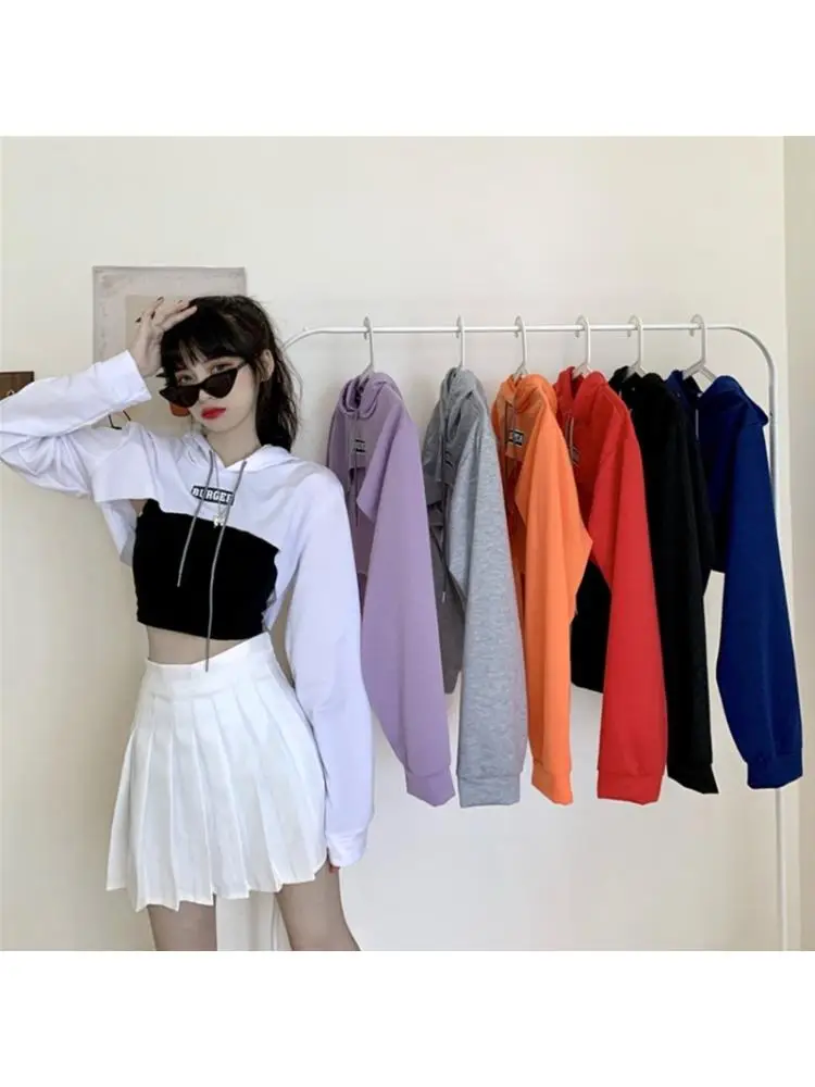 Sweat à capuche super court à manches longues pour femmes avec chapeau, sweat-shirt punk esthétique, hip-hop, danse, vêtements rave sexy