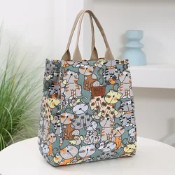 Cute Cartoon Print Lunch Bag, Portable Canvas Bento Bag, Women's Casual Handbag & Tote Purse For School, Office, Picnic