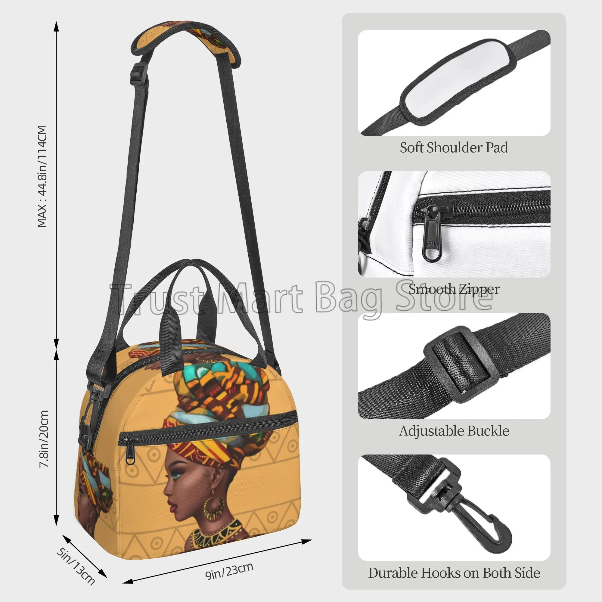 African American Black Girl Pattern Insulated Lunch Bag Reusable Thermal Lunch Box with Shoulder Strap for Work Picnic Beach