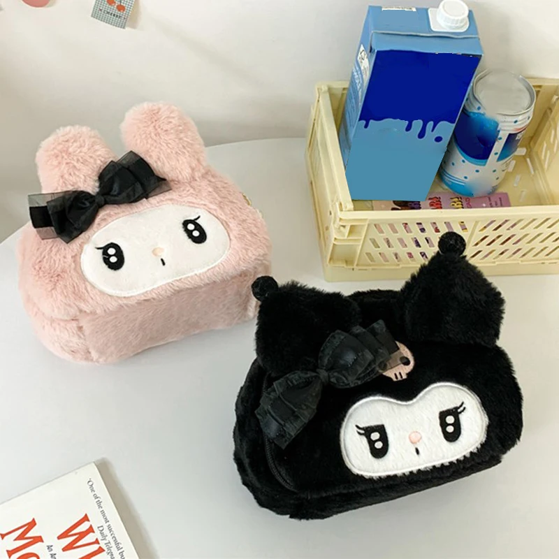 Kawaii Sanrio Plush Kuromi Melody Make Up Cosmetic Bag Cartoon Large Capacity Storage Bags Portable Handbag Girl Gifts