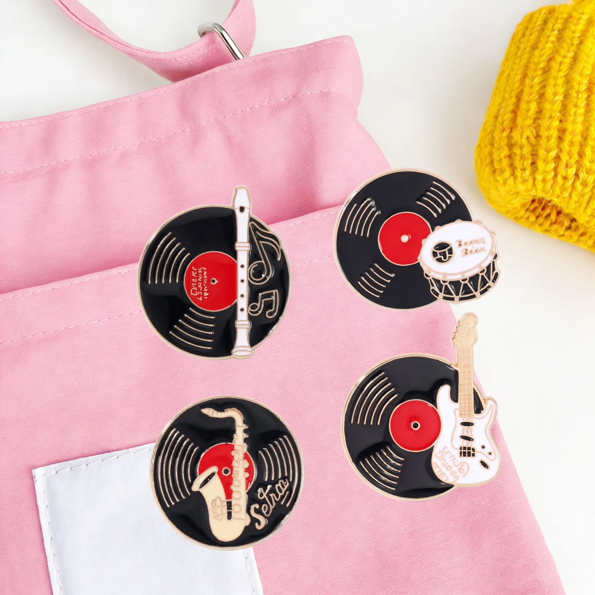 Record Music Enamel Pins Retro Vinyl Electric Flute Drum Guitar Musical Badge Clothing Decorate Brooch Gift Custom Wholesale