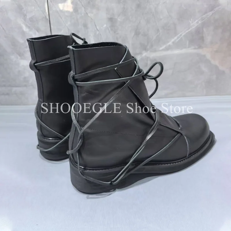 Fashion Soft Cowhide Wrap Strap Men's Boots Black British Style Square Ankle Boots Casual High-top Autumn Winter Men's Shoes