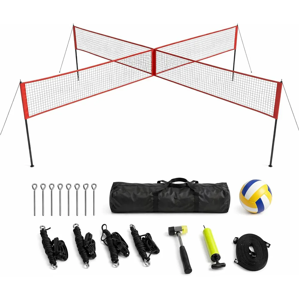 4-Way Volleyball Net Set with Cross Design, PE Portable Volleyball Net Adjustable Height for Adults Kids, Outdoor Backyard Beach Lawn Game Set, Quick Assembly with Carry Bag