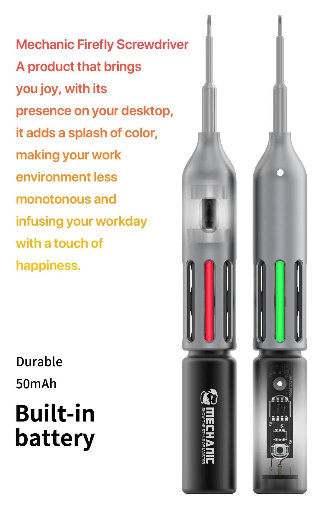 

Набор светодиодных отверток MECHANIC Firefly, 4 шт./компл., магнитная док-станция для зарядки, стальные биты S2 для прецизионной электроники и обслуживания телефонов