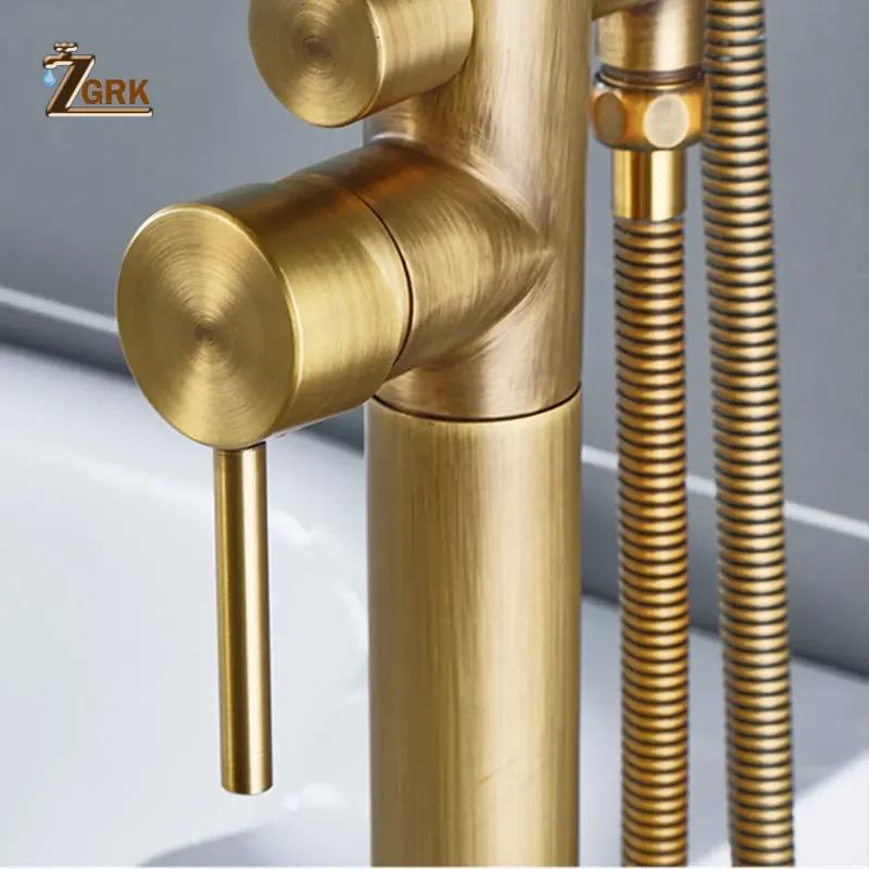 Imagem -04 - Zgrk-antique Brass Bathtub Faucet Floor Mounted Swivel Spout Tub Mixer Tap With Handshower Handheld Bath Shower Water Set