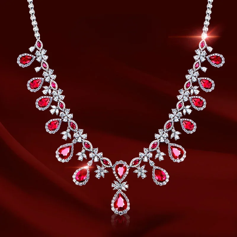 European and American High-end Luxury Customized Artificial Red Treasure Necklace Imported Corundum 925 Silver Wedding Jewelry