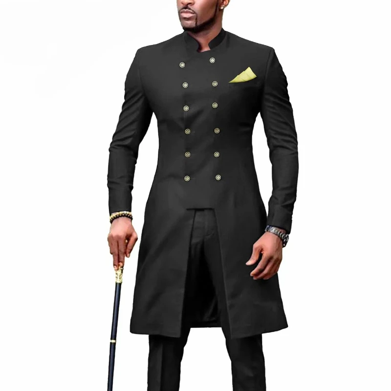 2 Pcs African Men Suits with Stand Collar Vintage Wedding Groom Tuxedo Slim Fit Male Long Jacket (Blazer + Pants) Custom Made