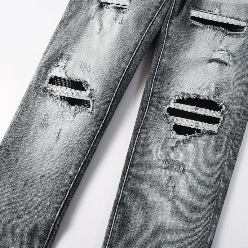 Y2K designer's fashionable new jeans are full of elasticity, slim fit, perforated patches, nostalgic washing, retro black gray j