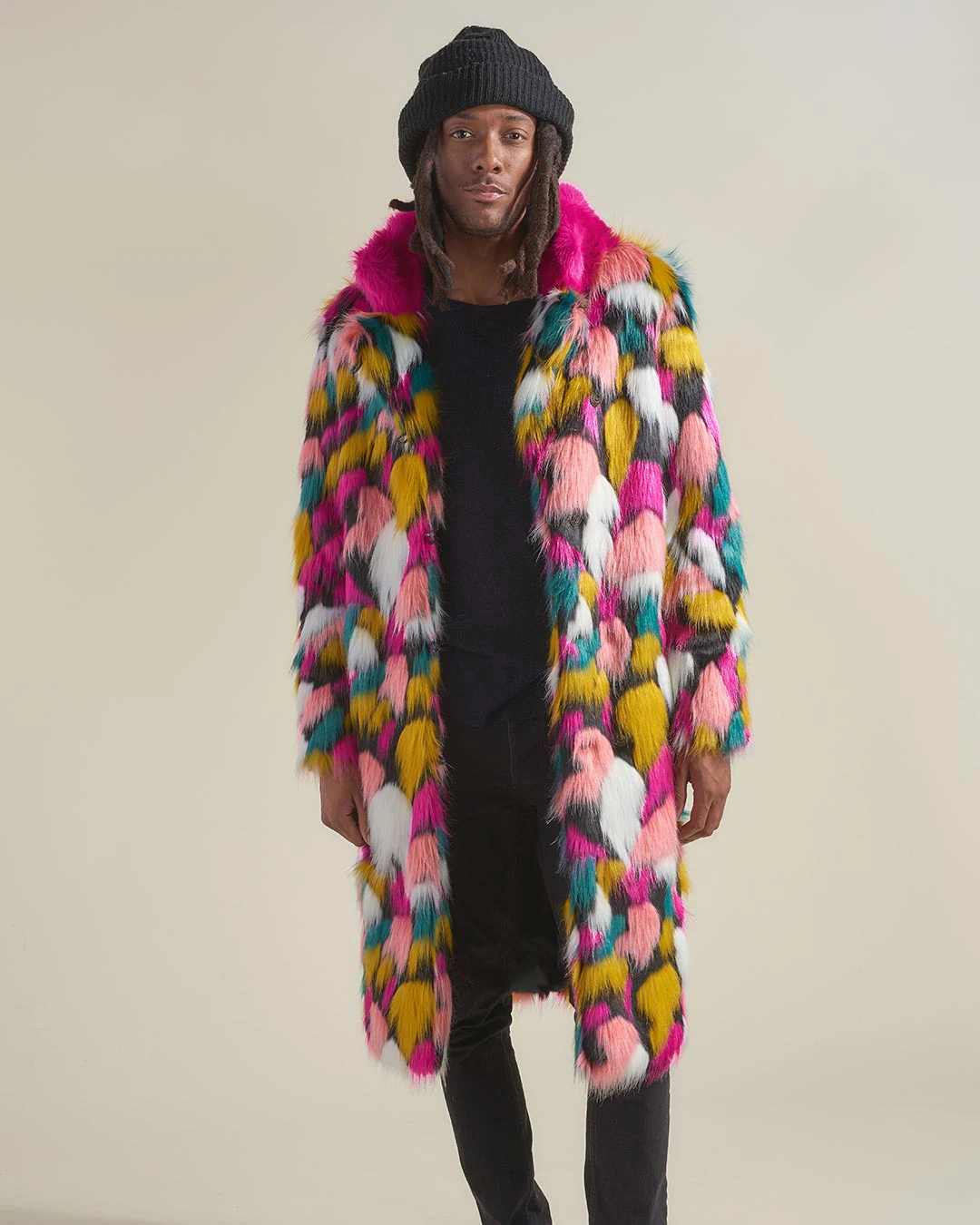 New Men's Faux Fur Coat Fashion Personality Street Hipster Men Color With Fur Collar Long Faux Fox Fur Coat