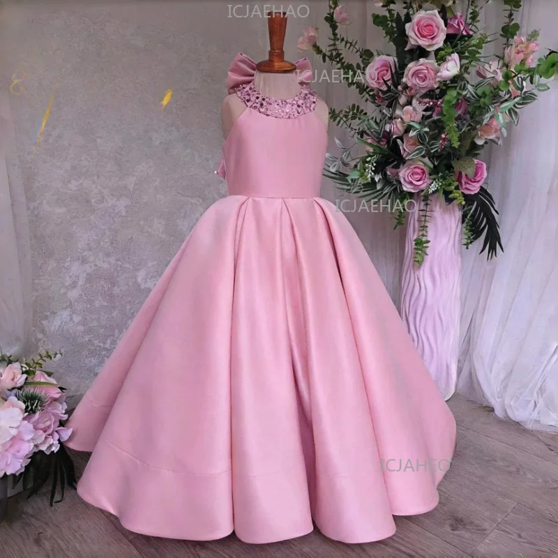 Pink Sweet Children Girls Sleeveless Satin Princess Dress Waist Full Performance Gown Costume Skirt Tutu Birthday Party Host