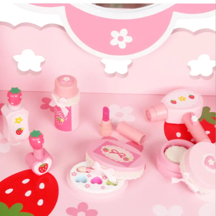 새로운 나무 핑크 꽃무늬 대형 어린이 화장대 세트 장난감 (거울 포함)