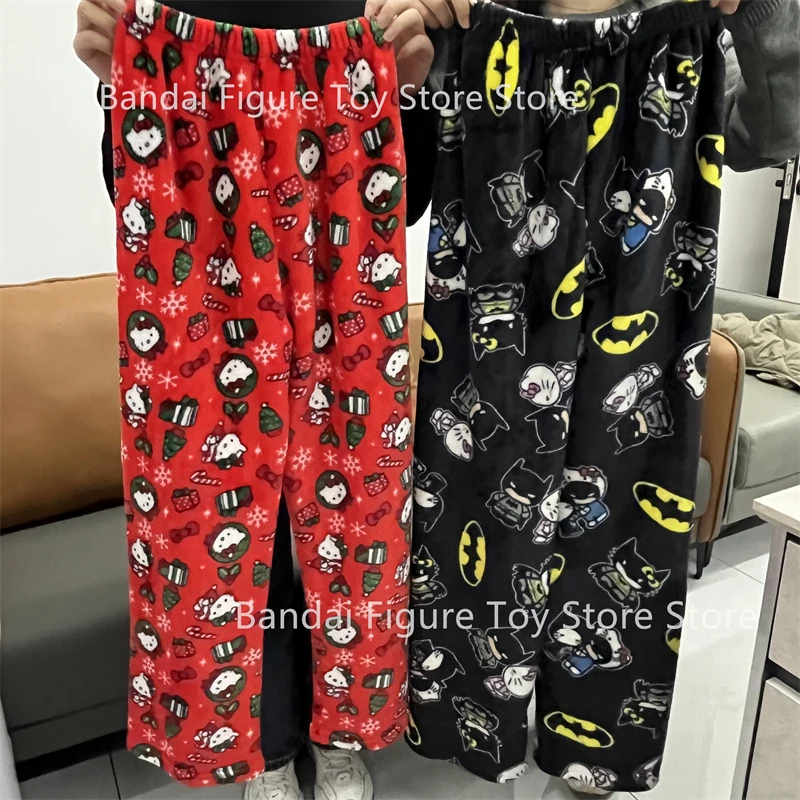 Sanrio Hellokitty Peripheral Batman Pajama Autumn Pants Cartoon Ladies Warm Casual Plush Xmas  Flannel Pants Clothing Y2k Gift