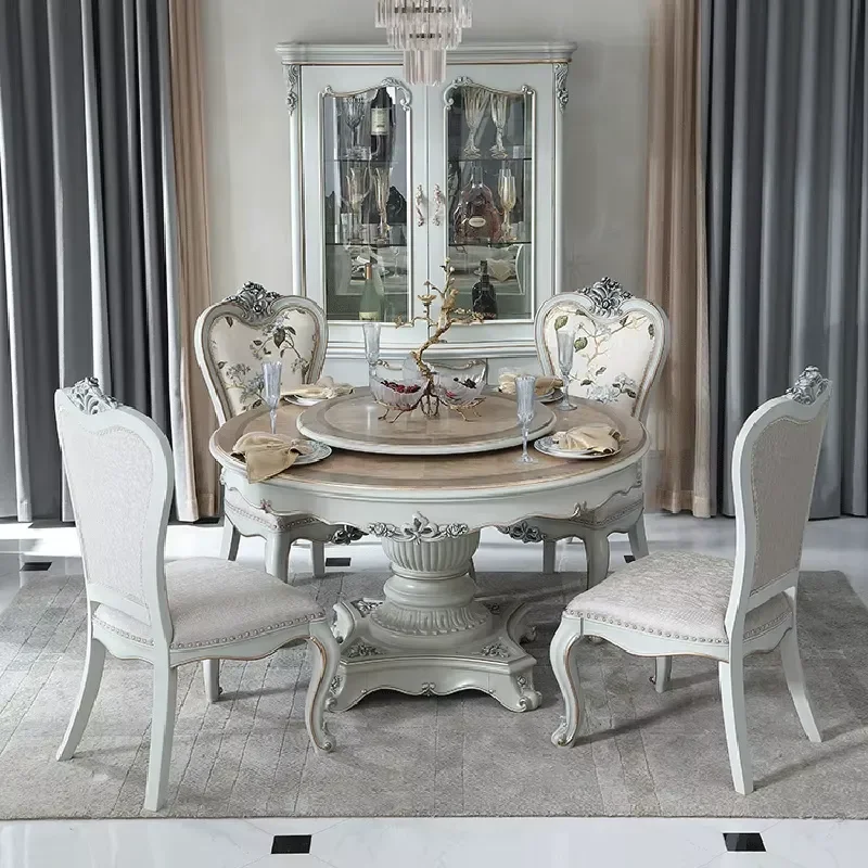 Classic Round Dining Table and 4 Chairs Set and Hand Carved Dining Table Set