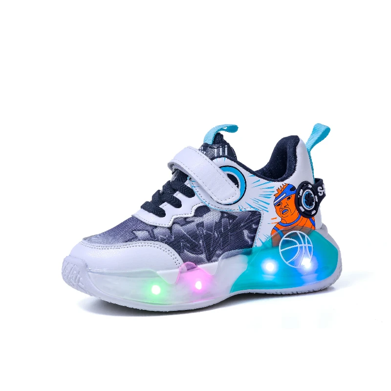 Chaussures de course à lumière LED pour enfants, baskets de basket-ball pour enfants, filet de gril moyen, Disney