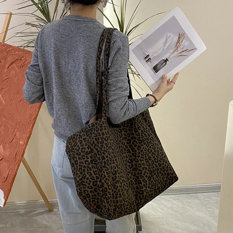 Vintage Double-sided Women\'s Leopard Tote Shopping Bag Large Capacity Ladies Travel Shoulder Bags Commute Fashion Female Handbag