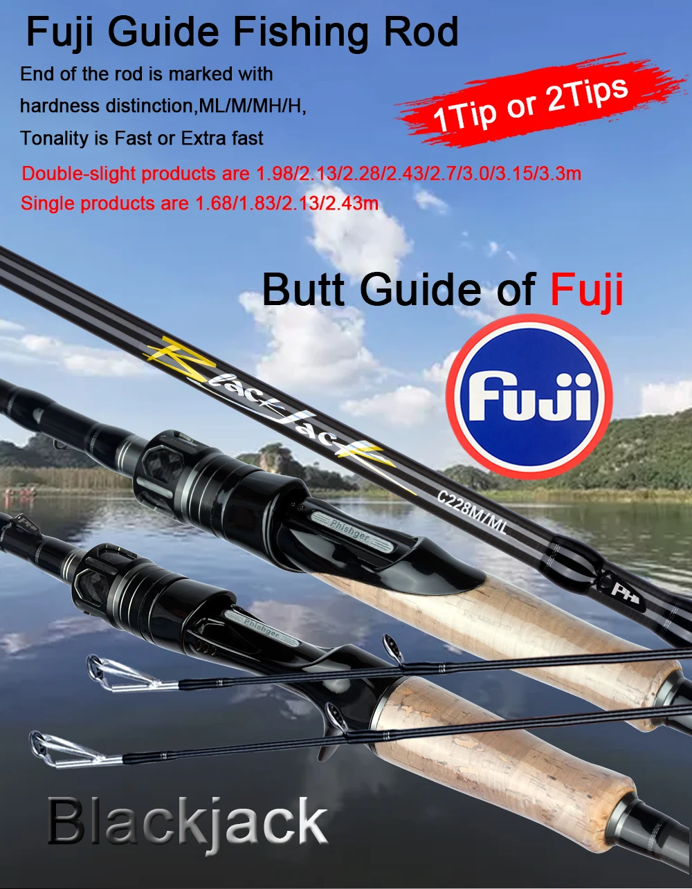 BIUTIFU Spinning Casting Fuji Angelrute 1,8/2,1/2,4/2,7/3,0/3,3m T800 Carbon 2 Spitzen ML/M/MH/H Köder 5-80g Reise-Baitcasting-Rute – Detail 1