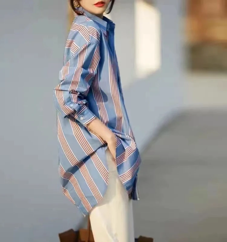 

Faionable Striped Midi irt Women's Clothing Tagl Collar Long Sve Loose Fit Commute Sle Polyester Blend