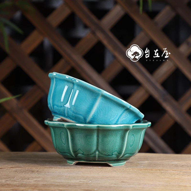 

Ceramic Colorful Glazed Lotus Shape Bonsai Pot,Tradition Chinese Flower Carved,Room Table Garden Decoration