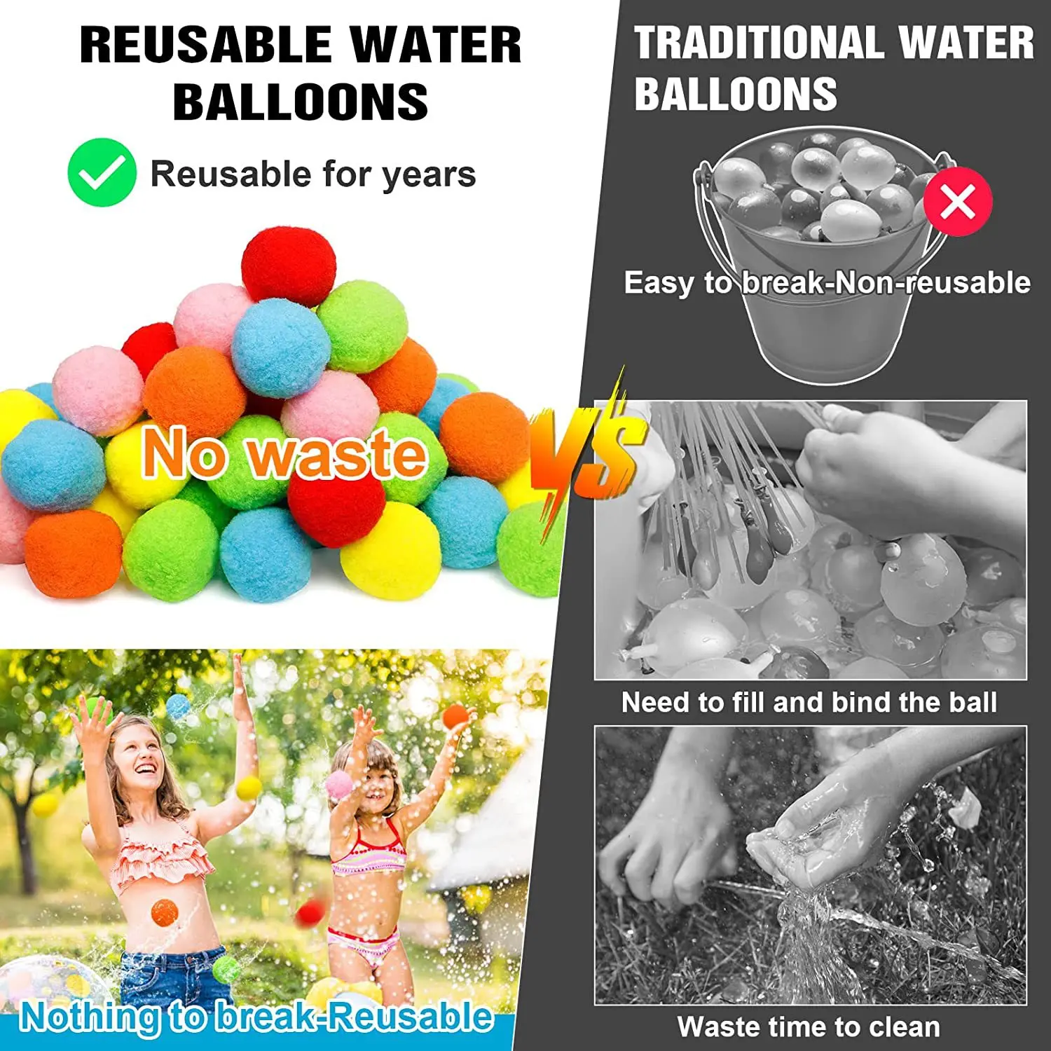 Bolas de esponja reutilizables para el agua, globos de algodón para salpicaduras, piscina, playa, aire libre, juegos de natación, juguete de verano,