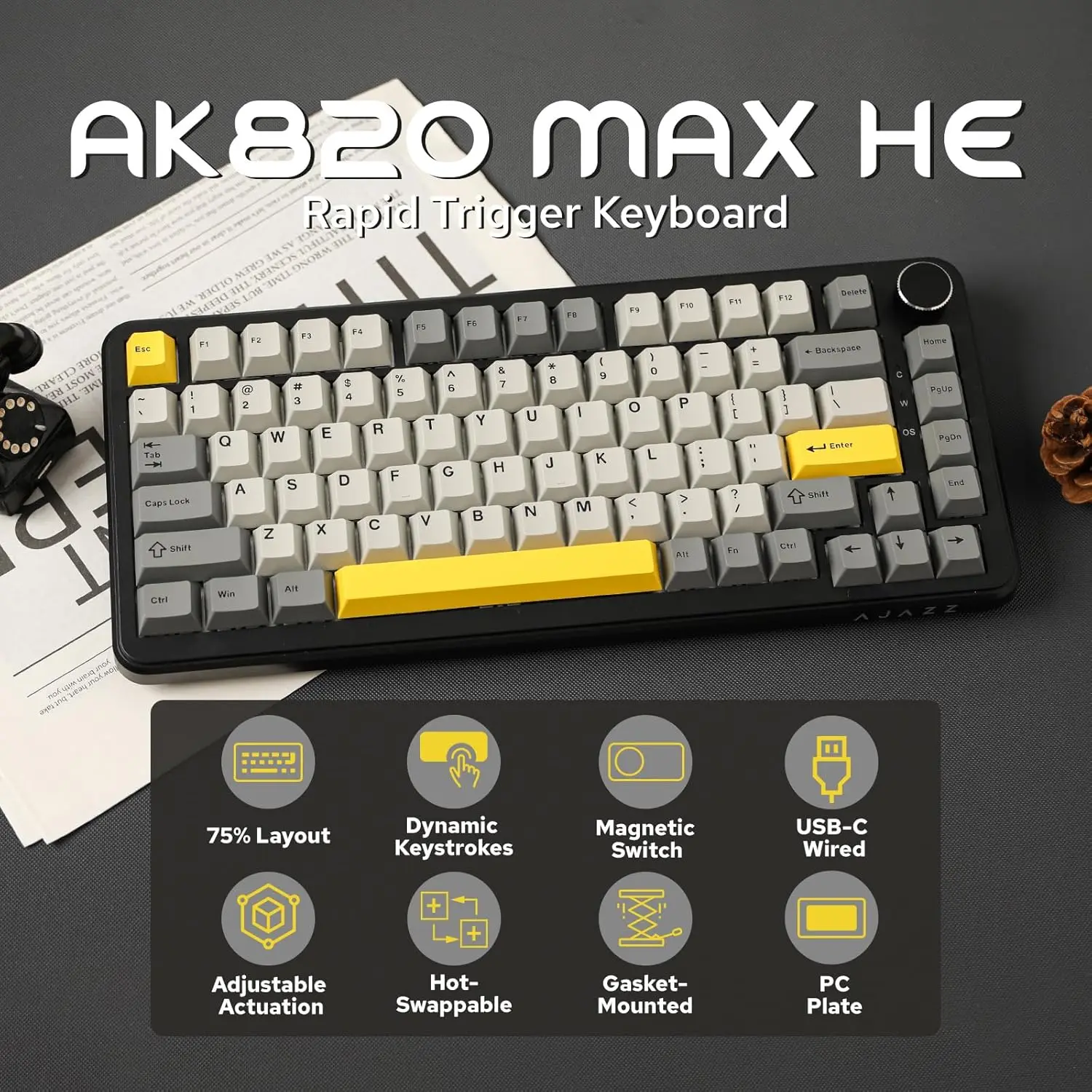 AJAZZ AK820 MAX HE Kabelgebundene mechanische Tastatur mit magnetischen Schaltern, 75% Hot-Swap-fähiges Design, Lautstärkeregler, fünfschichtige Struktur.