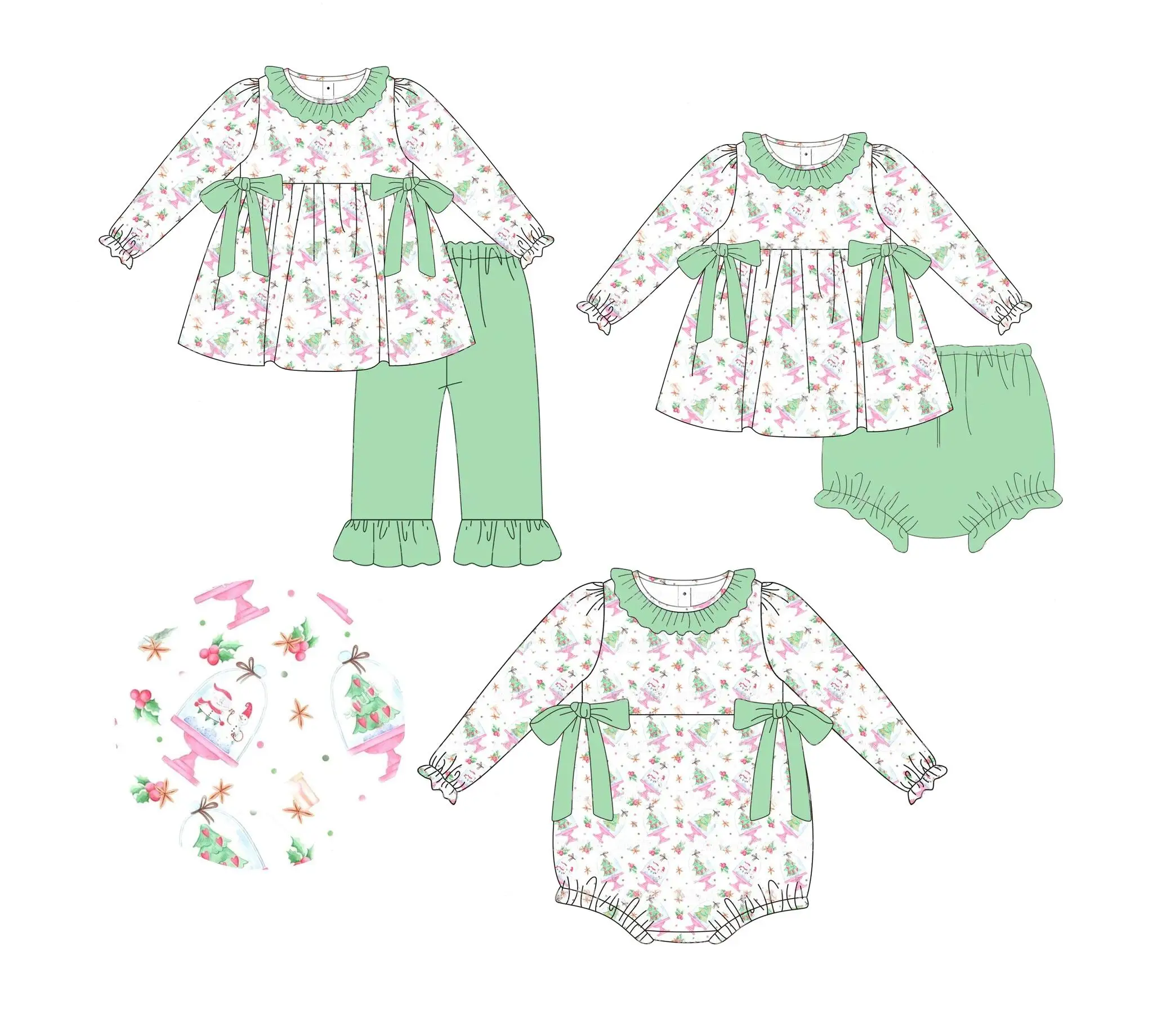 

Christmas Boutique Clothing Autumn 3-piece Green Clothing Baby Girl Festival Milk Silk Wholesale Hot Selling Matching Set