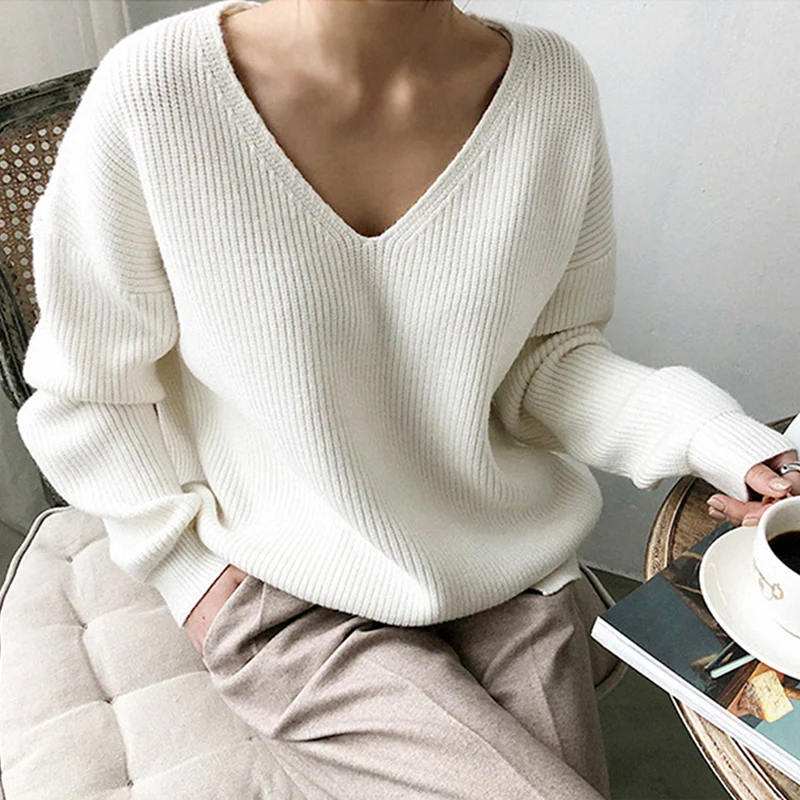 

Базовый свитер большого размера с v-образным вырезом, пуловер, осень-зима, простые повседневные вязаные свитера, универсальные джемперы с длинными рукавами в стиле ретро