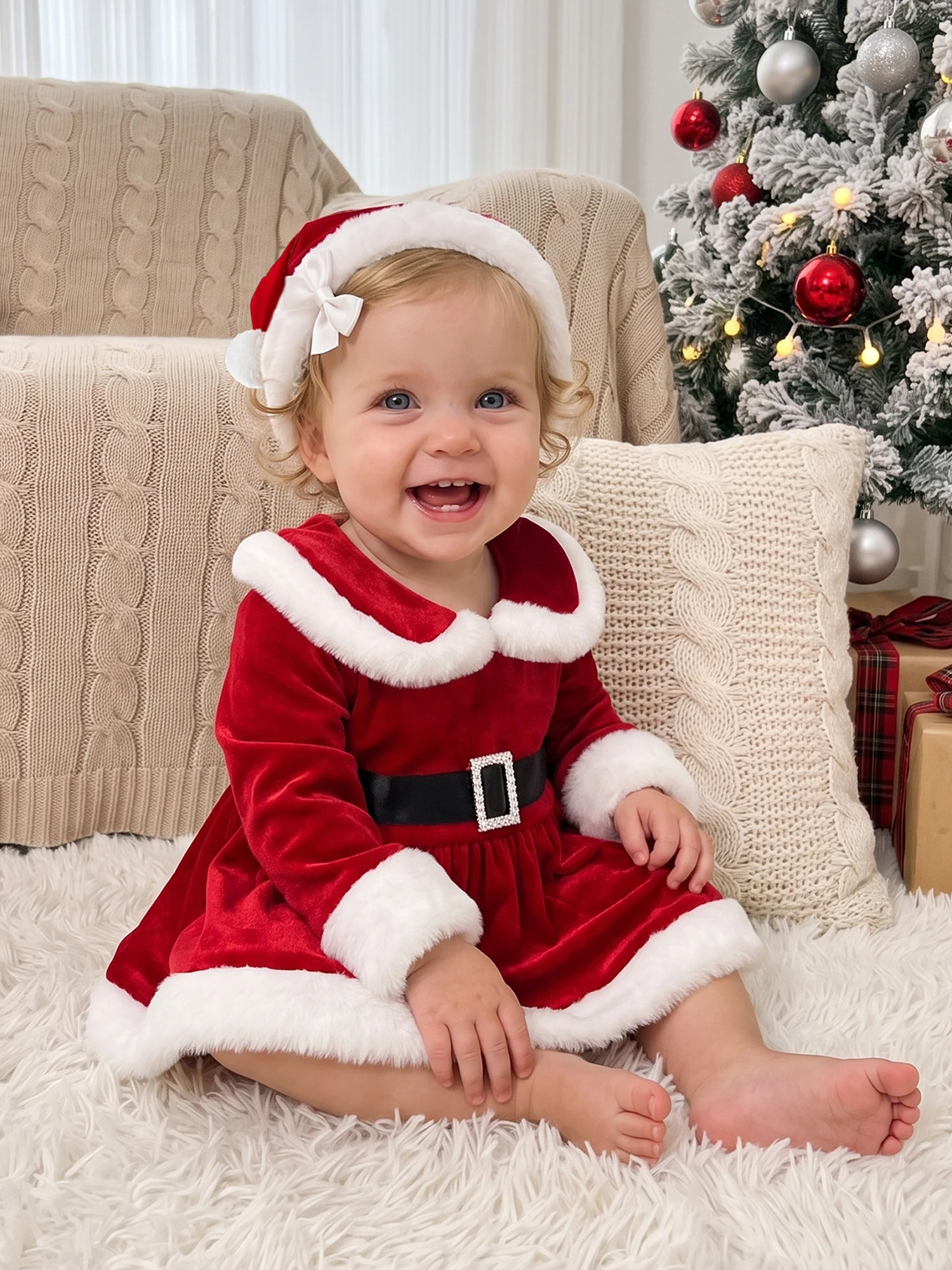 Trim Long Sleeve Long Long-Sleeve Christmas Sleeve White Plush Trim Baby Girl Christmas Romper High Quality