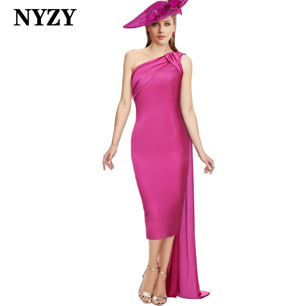 

NYZY E410 Simple One-shoulder Tea-length Satin Evening Dresses 2024 Fuchsia Wedding Party Prom Cocktail Gowns