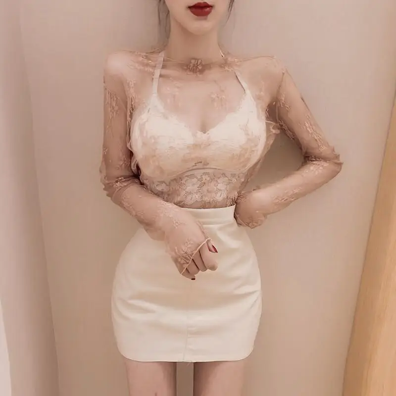 

Sexy Women T Shirt See Through Lace Mesh Blouses Long Sleeve Mesh Bottoming Shirts Tops Tunic Long Sleeve Turtleneck Blouse Tees