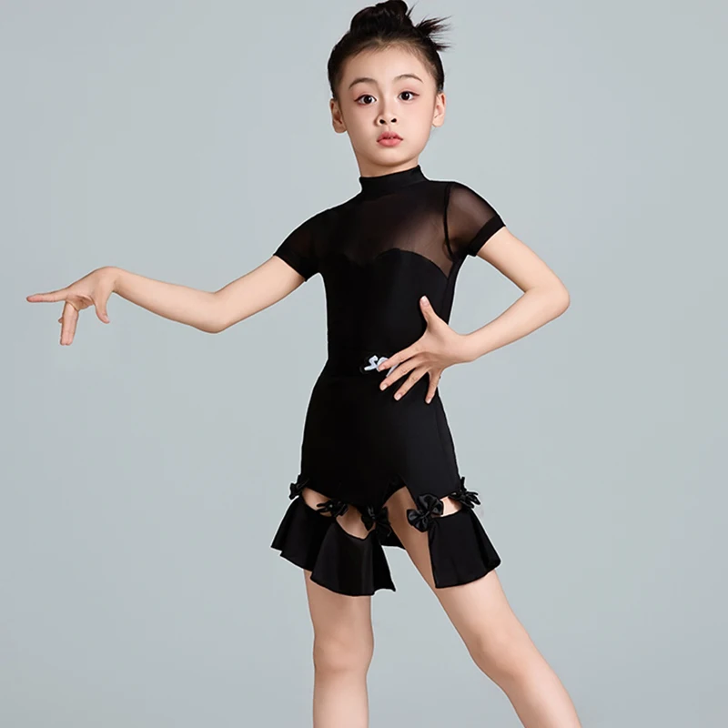 

Latin Dance Dress Competition Black Short Sleeve Performance Wear Girls Professional Dancing Costume Rumba Cha Cha Costume 3420