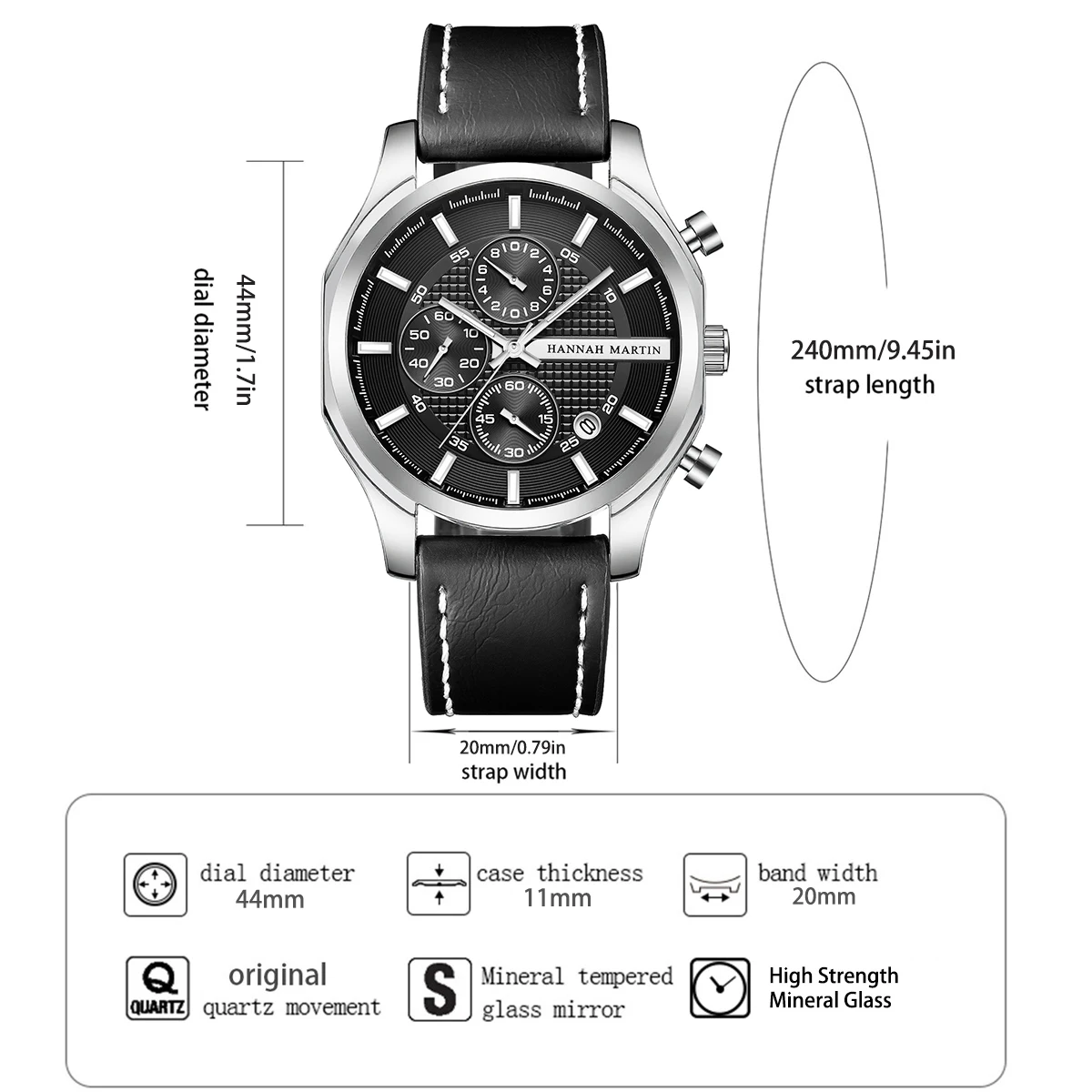 ساعة هانا مارتن للرجال باللون الأسود، جلد رياضي، طراز عسكري 44 ملم، حركة كوارتز متعددة الوظائف، ساعة تقويمية، توقيت للرجال