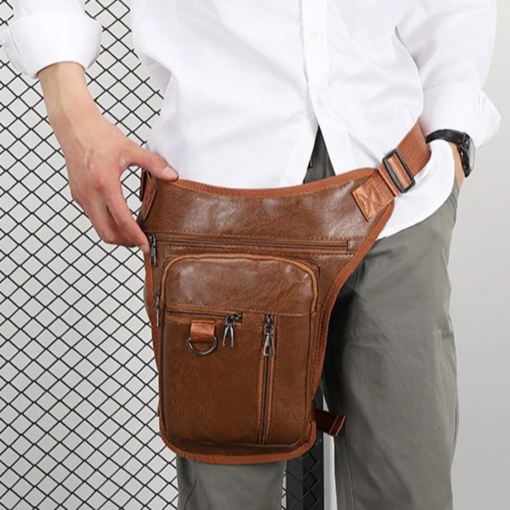 

PU Leather Man's Leather Waist Bag Multi Pocket Large-capacity Multifunctional Sports Bag Adjustable Belt Strap Waterproof