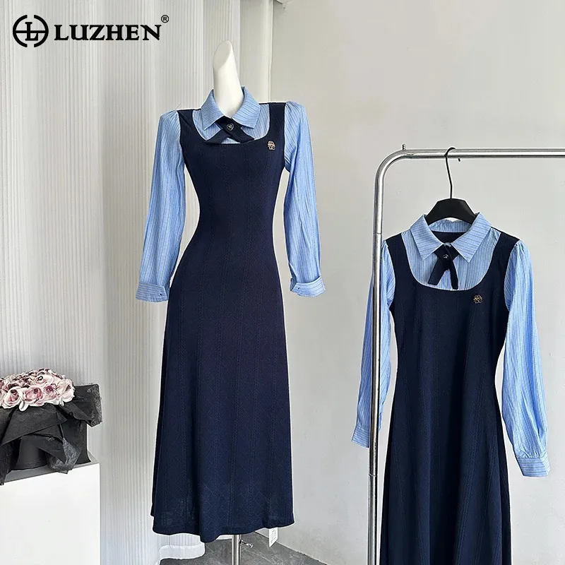 LUZHEN 2024 otoño nueva moda camisas de manga larga a rayas vestidos falsos de dos piezas ropa Casual Original elegante para mujer AA1687