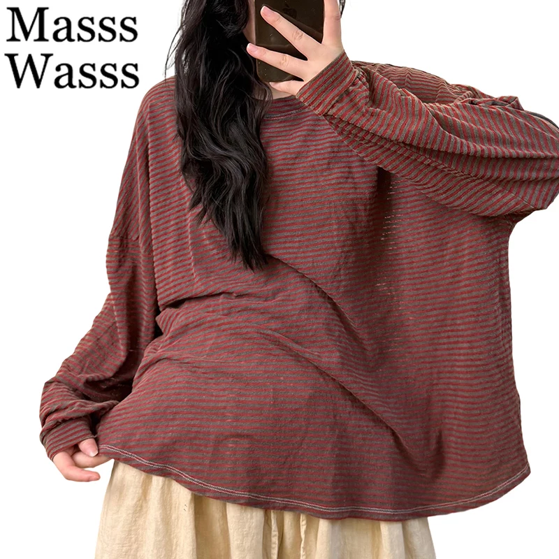 

Mass Wasss 2025, зимняя корейская одежда, женские свободные полосатые футболки, женские классические повседневные винтажные хлопковые топы большого размера с круглым вырезом