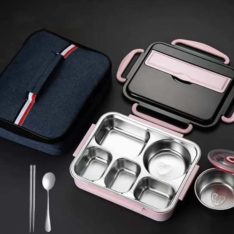 Leak-Resistant Stainless Steel Bento Lunch Box with 5 Compartments Lunch Bag and Tableware Eco-Friendly Dishwasher Safe BPA Free