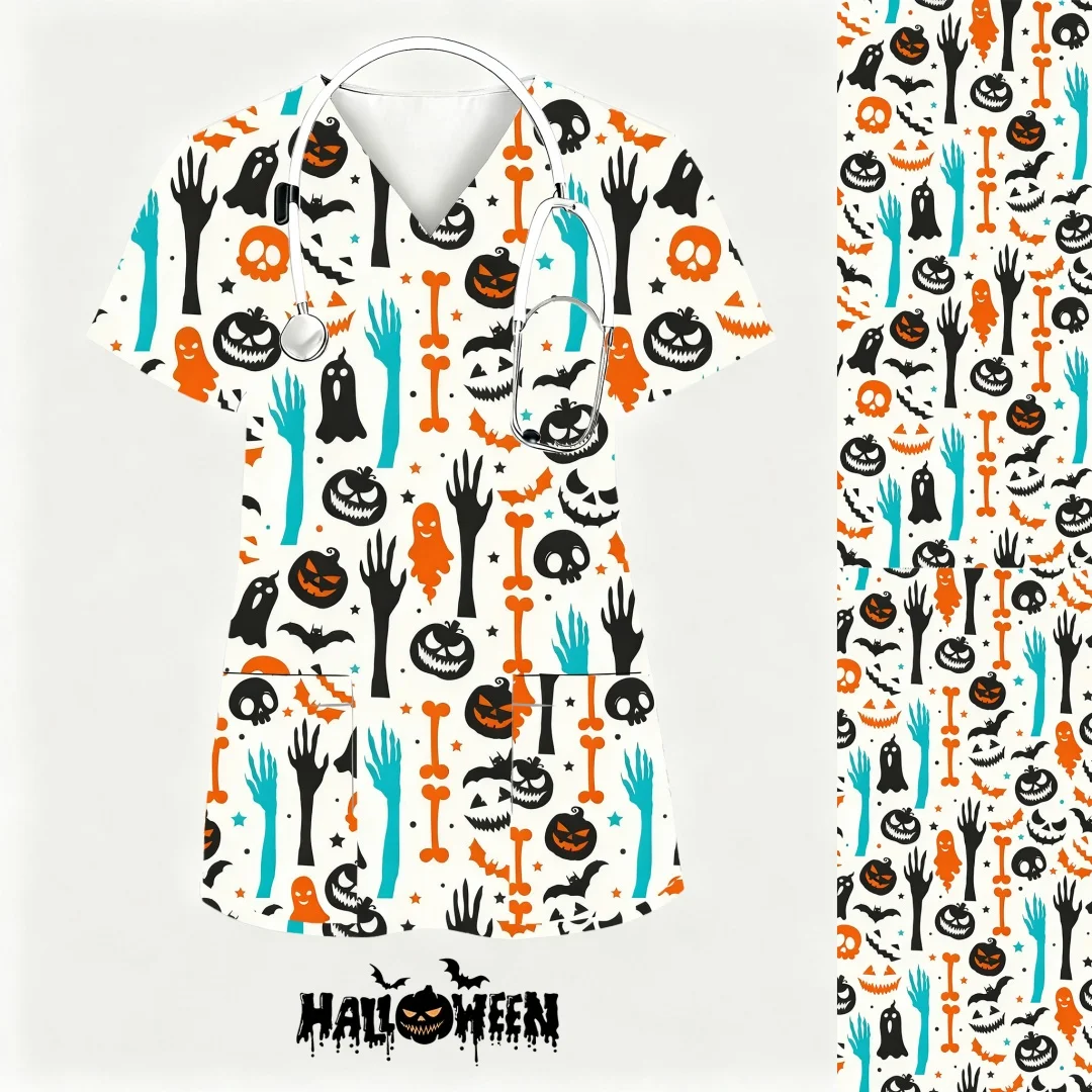 Uniforme clínico feminino halloween abóbora padrão impressão uniformes médicos mulher uniformes de enfermagem roupas de trabalho de manga curta